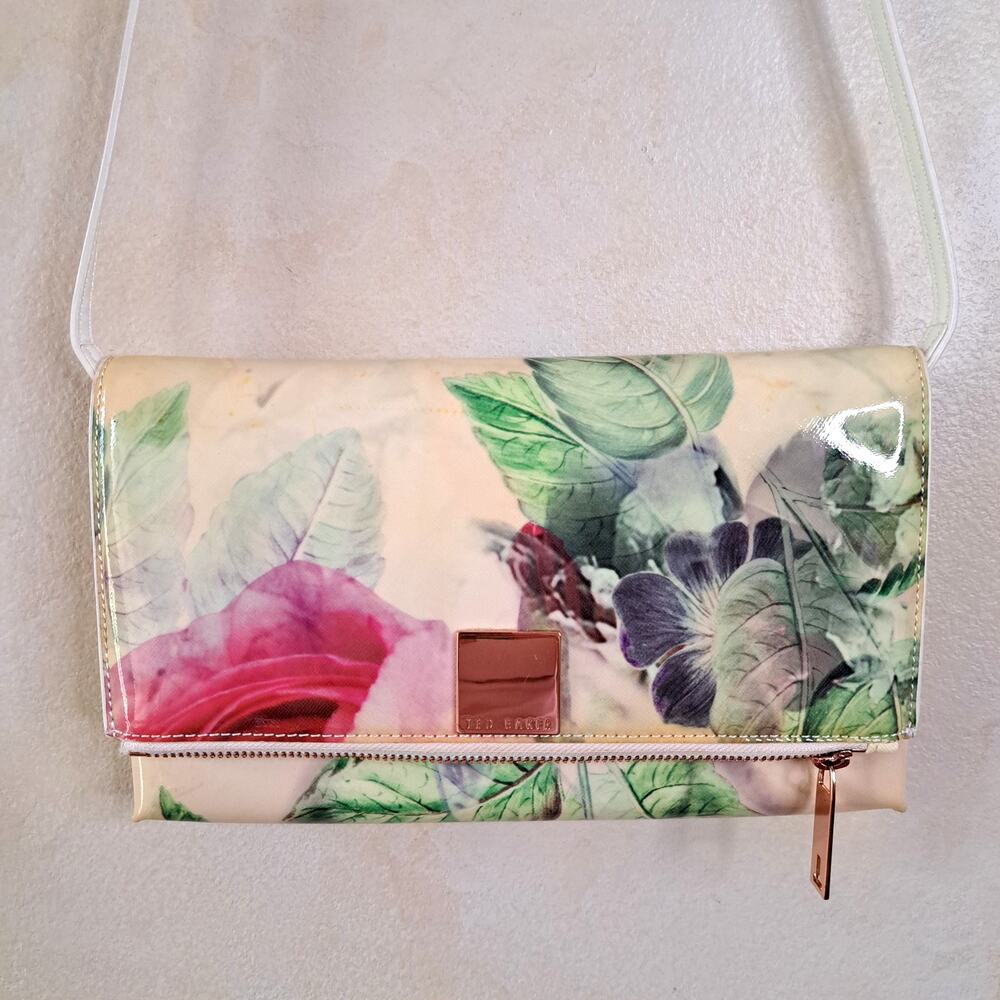 TED BAKER London Presila Floral Patent Vinyl Foldover Crossbody Clutch Bag Pink